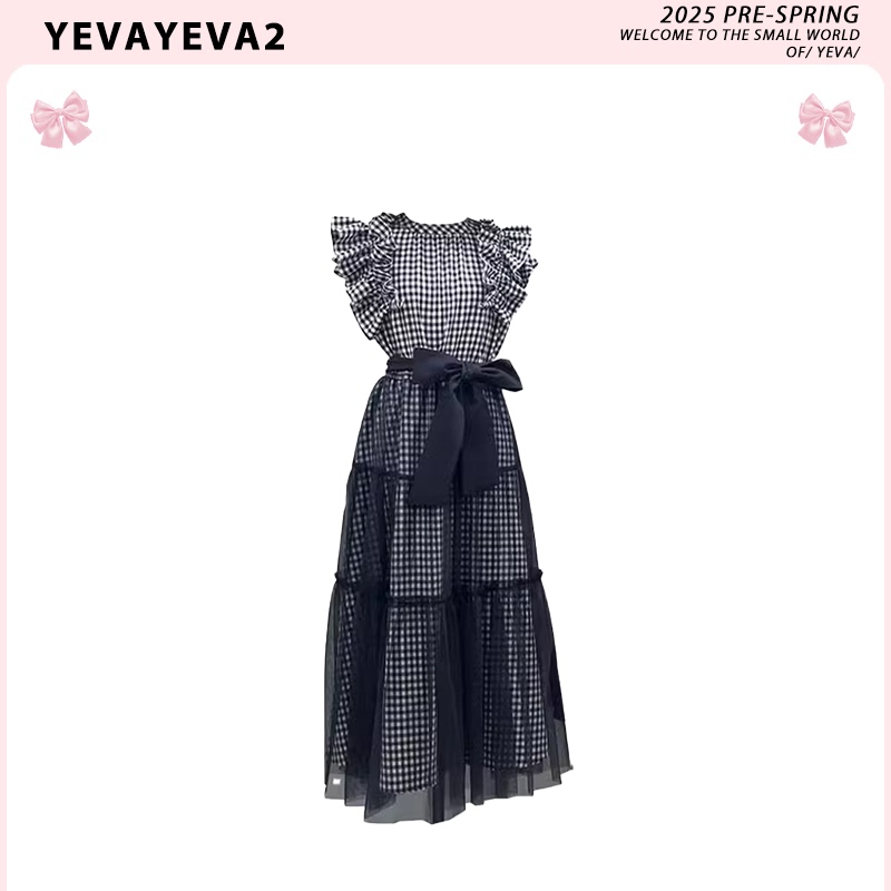 Yeva【In Stock】Japanese Style Bow Blouse Layered Plaid Dress for Women 25 Vintage Waist-Slimming Long Dress