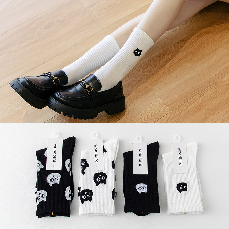 Spring and Autumn Kitten Embroidered Cotton Socks Women's White Medium Tube Tide Socks Collocation Daddy Shoes Fried Street High Tube Stockings Four Seasons