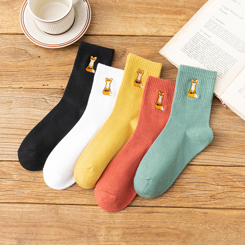 Socks female fox embroidered cotton mid-tube socks net red super hot summer thin stockings with shark pants look good