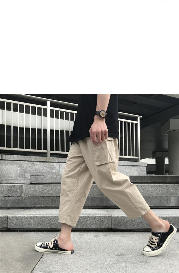 Ở lại nhỏ ~ mùa thu hoang dã thẳng quần lỏng lẻo chín quần thường quần xu hướng nam quần giản dị túi lớn quần yếm nam quần jean ống rộng nam