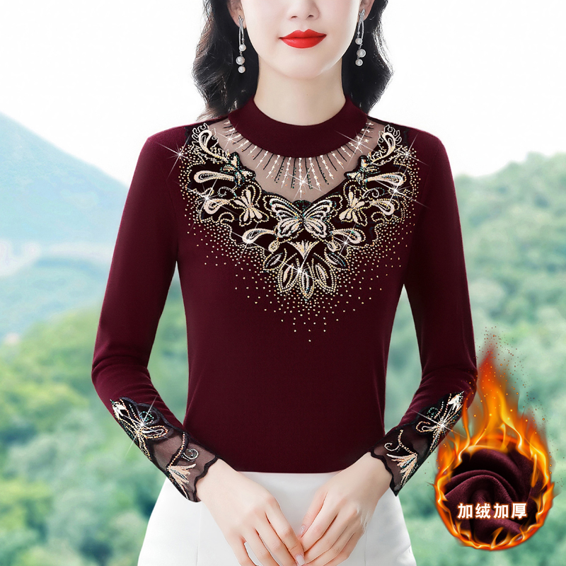 High-End, Age-Reducing Lace Shirt with Fleece-Lined Inner Layer, 2025 Autumn and Winter New Style Women's Embroidered Stylish Base Shirt