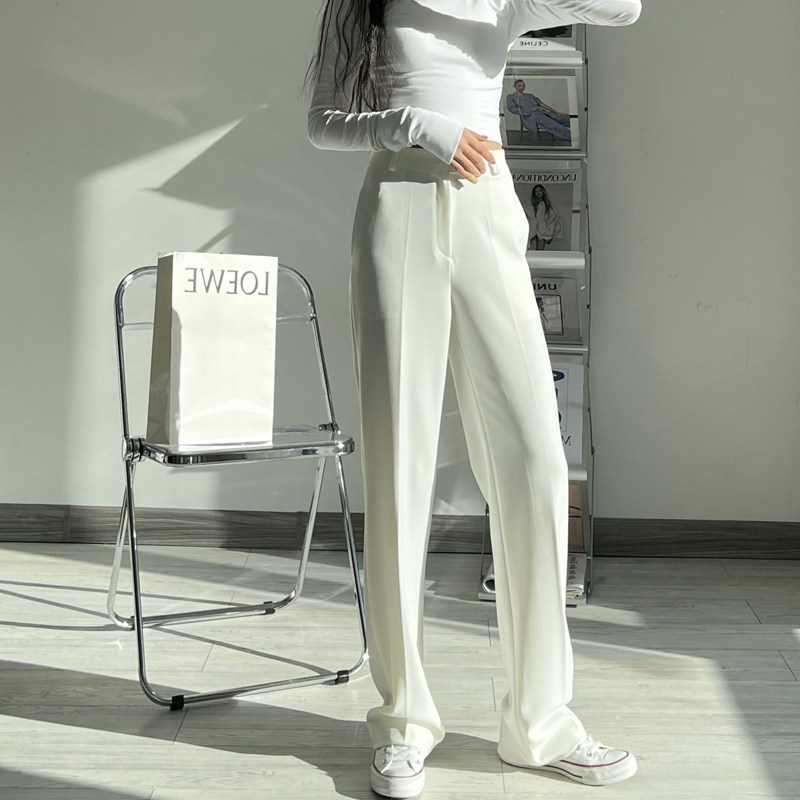 Spring autumn new high waist white commuter straight drum pants 100 hitch slim drag ground wide leg pants temperament casual student pants women