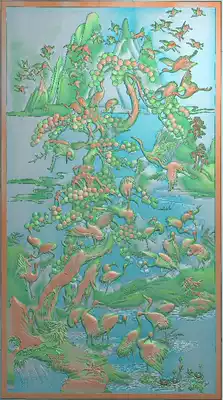 Fine carved map hundred Crane map plaque screen background wall wood carving stone carving jade carving sandstone grayscale map pine crane relief map