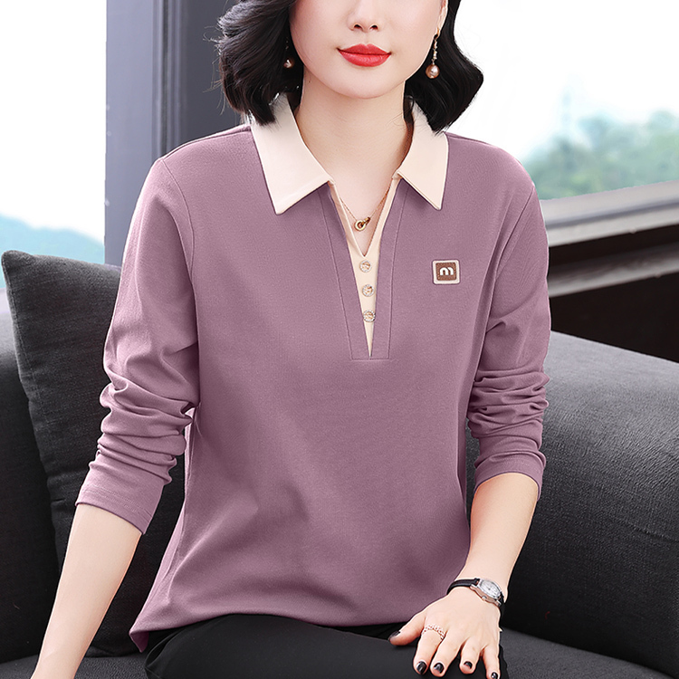 Middle-Aged and Elderly Women's Fashionable Clothing, Stylish Tops for Mothers in Their 50S, Collared Pure Cotton Long-Sleeved T-Shirts, Women's Autumn Base Shirts Middle-Aged and Elderly Women's Fashionable Clothing, Stylish Tops for Mothers in Their 50S, Collared Pure Cotton Long-Sleeved T-Shirts, Women's Autumn Base Shirts