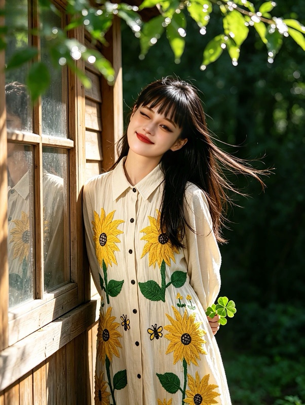 Thailand Chiang Mai Hand-Embroidered Cute and Playful Floral Sunflower Cotton and Linen Loose Short-Sleeved Dress Trench Coat