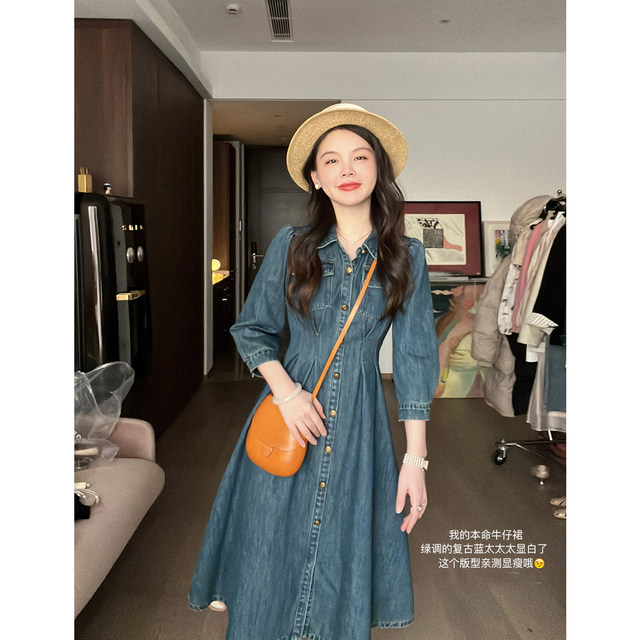 Miss Chipmunk Retro Weekend Spot Waist Denim Dress Female Spring Small High Waist Long Skirt