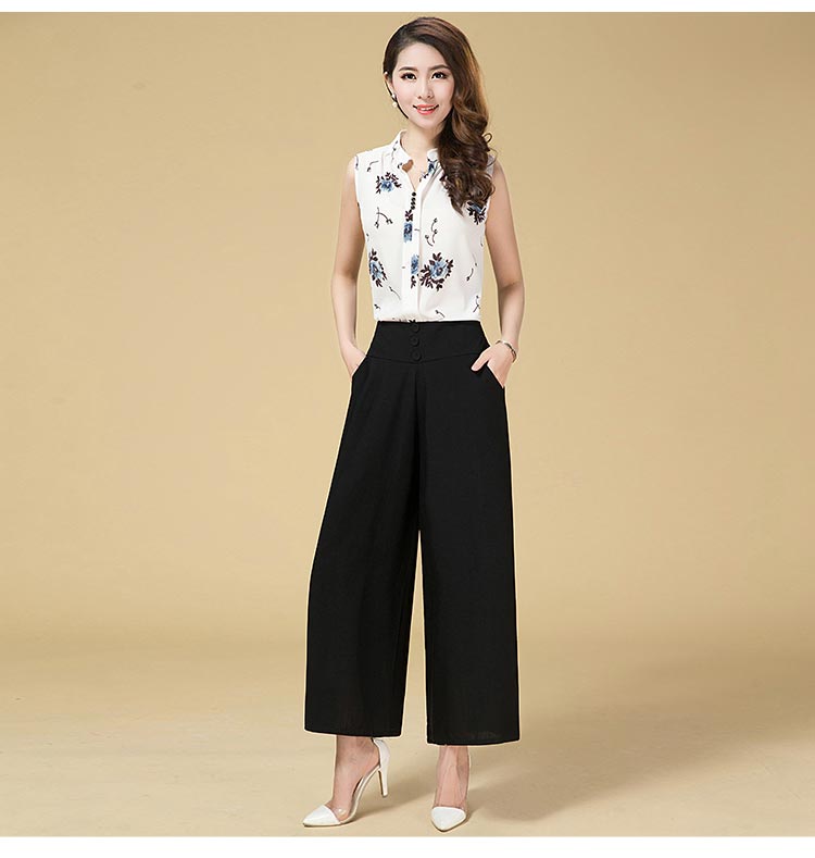 Quần ống rộng mùa hè quần nữ cạp cao cạp cao tuổi trung niên 50 tuổi là quần lửng ống rộng cỡ lớn cotton và vải lanh nhảy vuông quần mẹ mẫu áo phao nữ đẹp 2020