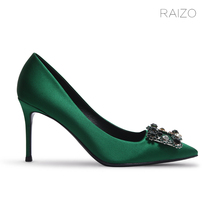 RAIZO light luxury 7-color rhinestone high heels womens thin heel pointed leather bottom handmade shoes green blue champagne red