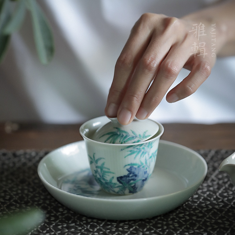 Yaidang Qingfeng Xu came to the full handmade bamboo grain small cover bowl Gongfu tea with green flower fighting color