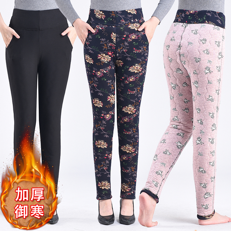 Middle Aged Camel Suede Cotton Pants Woman Moms Dress Winter Plus Suede Thickened Large Size High Waist And Outside Wearing Lady Warm Pants