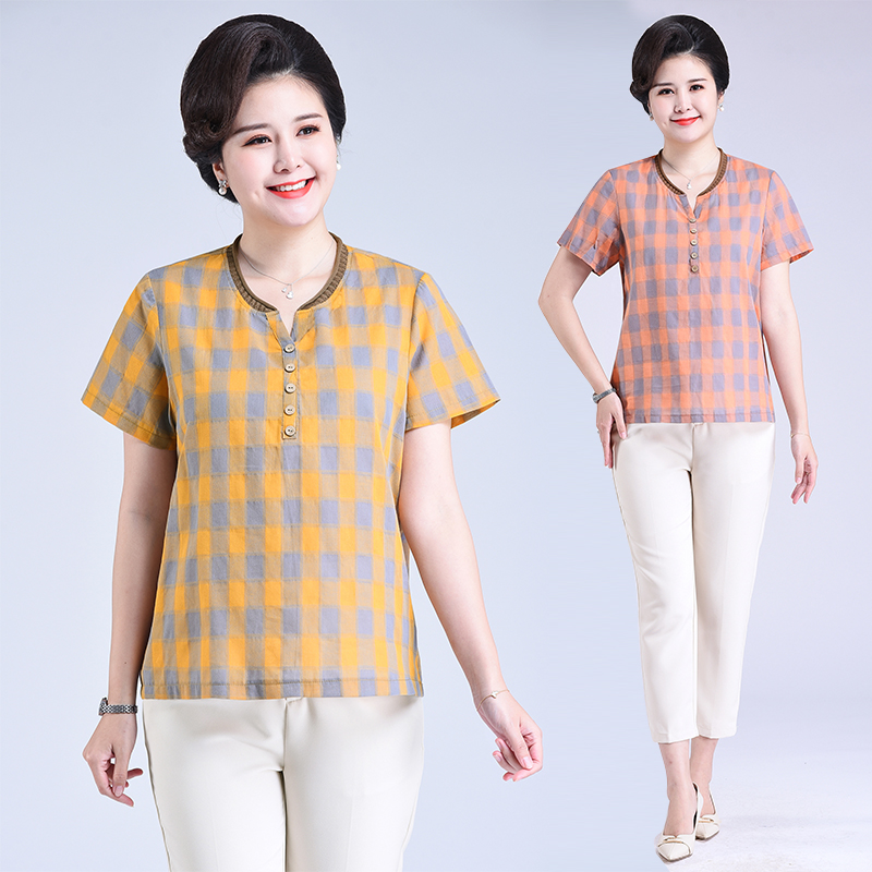 Middle-aged fat mother summer dress short sleeve T-shirt women's large size loose cotton linen plaid half sleeve women's blouse for the elderly