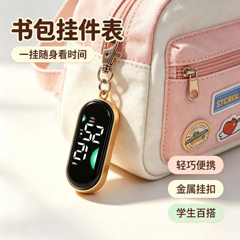 Trendy Student Backpack Pendant Watch, Mini, Compact, Convenient, Waterproof, Metal Hook, Digital Wristwatch, Touch to See the Time