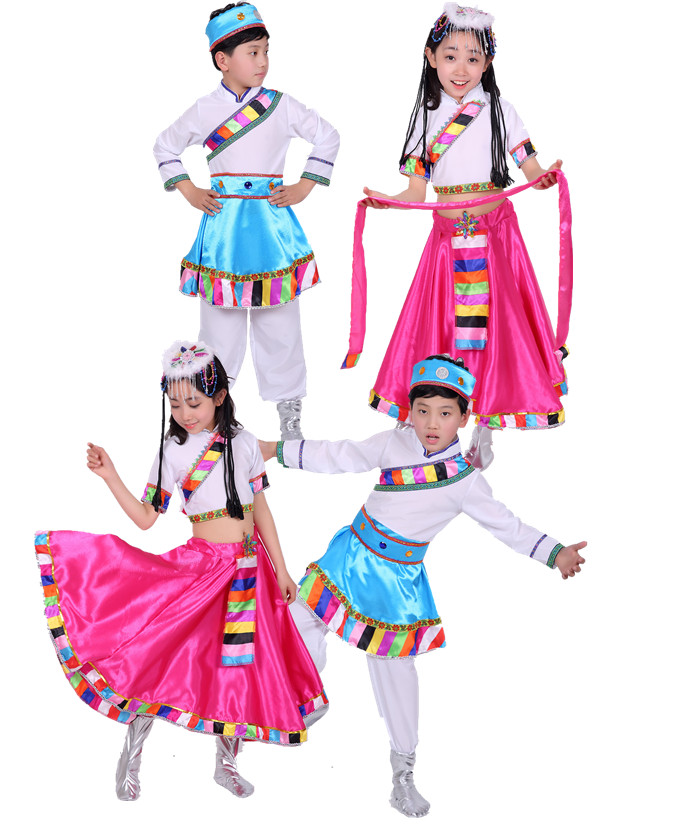Trẻ em 56 dân tộc thiểu số gió Tây Tạng Chàng trai và cô gái biểu diễn quần áo mẫu giáo catwalk cha mẹ trẻ con đầm đẹp cho be gái 7 tuổi