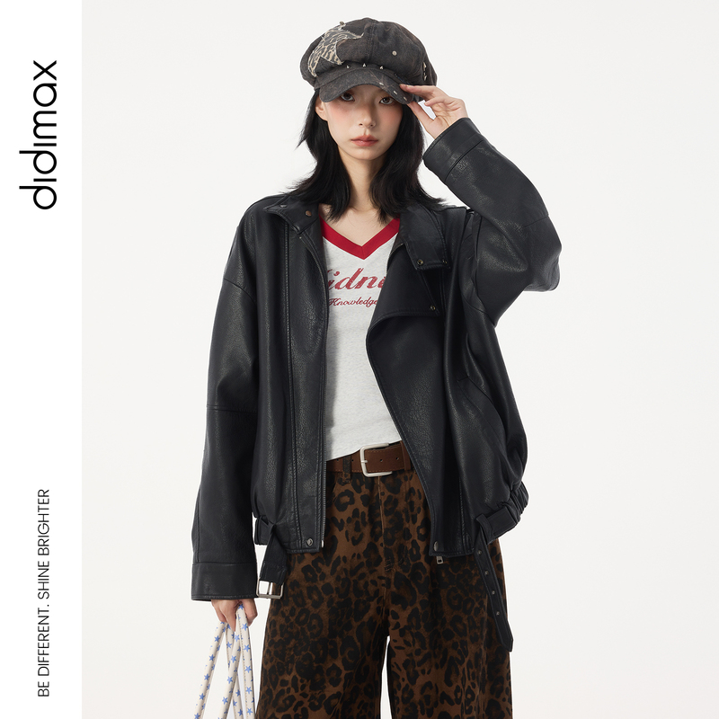 Didimax New Autumn Style Black Retro Leather Jacket Motorcycle Stand Collar Jacket Women's Short Jacket Q30511