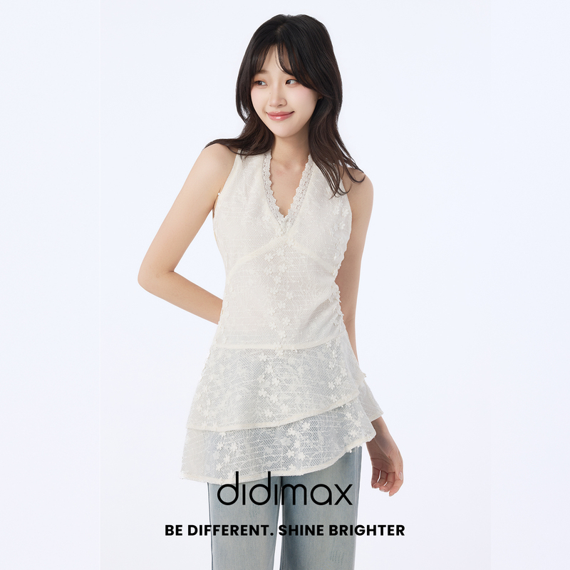 Didimax New Summer Style Waist-Cinching A-Line Halter Top Sleeveless Top with Stereo Flowers for Outer Wear X49102