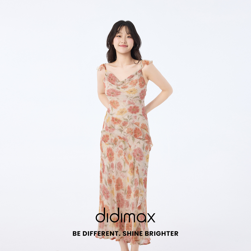 Didimax New Summer Orange Floral Dress Elegant Asymmetrical Ruffled Long Skirt for Women X79274