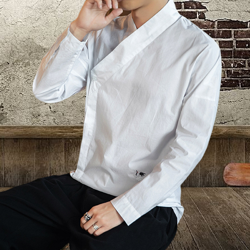 Hanfu men's ancient wind swordman gowns gowns embroidered long sleeve shirt diagonal flap jacket improved version modern male Chinese wind shirt