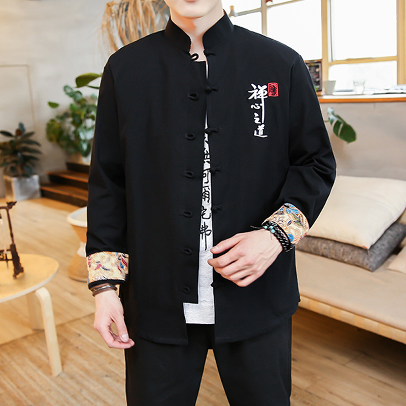 中国风复古茶艺服装男禅服大码套装汉服唐装刺绣棉麻居士服两件套