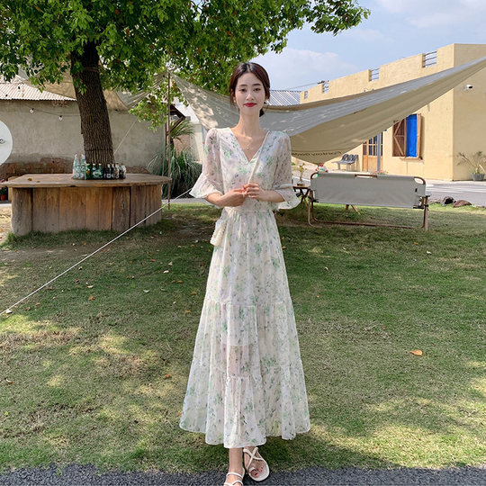 Long floral chiffon dress for women summer 2025 new style waist slimming long skirt fairy a-line skirt