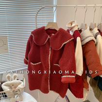 Korean childrens clothing girls coat 2022 autumn and winter childrens lamb velvet baby girl foreign style red lapel coat
