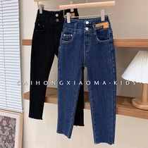 Korean version of childrens clothing girls plus velvet jeans one-piece velvet autumn and winter models thickened middle and big childrens foreign style elastic slim pants