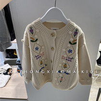 Korean version of childrens clothing autumn girls sweater knitted cardigan girl baby round neck western style fashionable forest embroidered coat