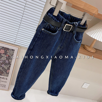 Korean childrens clothing winter boys and girls plus velvet jeans integrated velvet outerwear loose childrens fashionable warm trousers tide