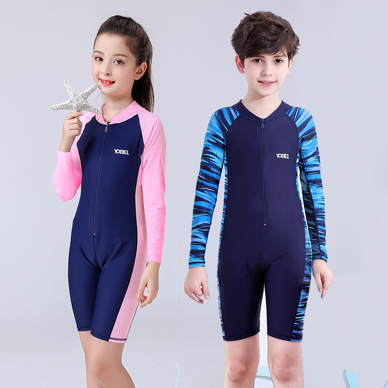 Children Male and female children Middle and senior children Professional training Sunscreen Quick-drying Long sleeve jumpsuit Flat angle five-point pants Conservative swimsuit