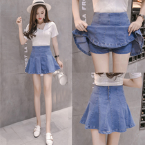 2020 Summer anti-light skirt womens high-waisted denim ruffle fishtail with versatile half-body A- shaped hip culottes