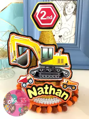 New excavator birthday hat Baby year-old party dress-up supplies can be customized with name and age