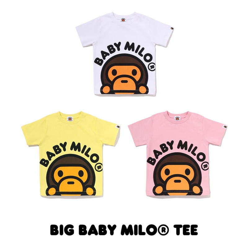 [Available in Some Countries] Japanese Trendy Brand Bape Children's Clothing Genuine New Model Milo Letter Print Round Neck Short-Sleeve T-Shirt