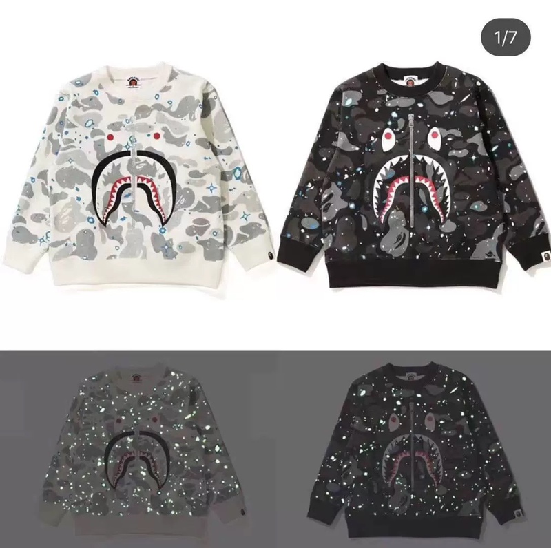 【In-Stock in China】Japanese Trendy Brand Bape Children's Clothing Authentic Glow-In-The-Dark Camouflage Shark Crewneck Pullover Sweatshirt