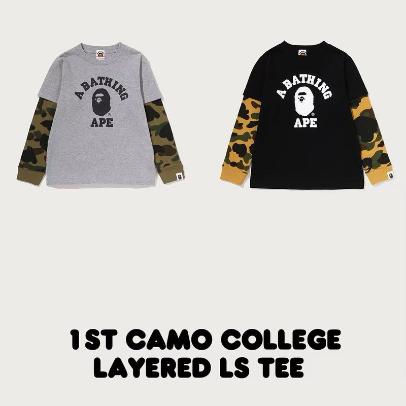 【Purchase】Japanese Trendy Brand Bape Children's Clothing 1St Camouflage Ape Academy Fake Two-Piece Round Neck Long-Sleeve T-Shirt 【Purchase】Japanese Trendy Brand Bape Children's Clothing 1St Camouflage Ape Academy Fake Two-Piece Round Neck Long-Sleeve T-Shirt