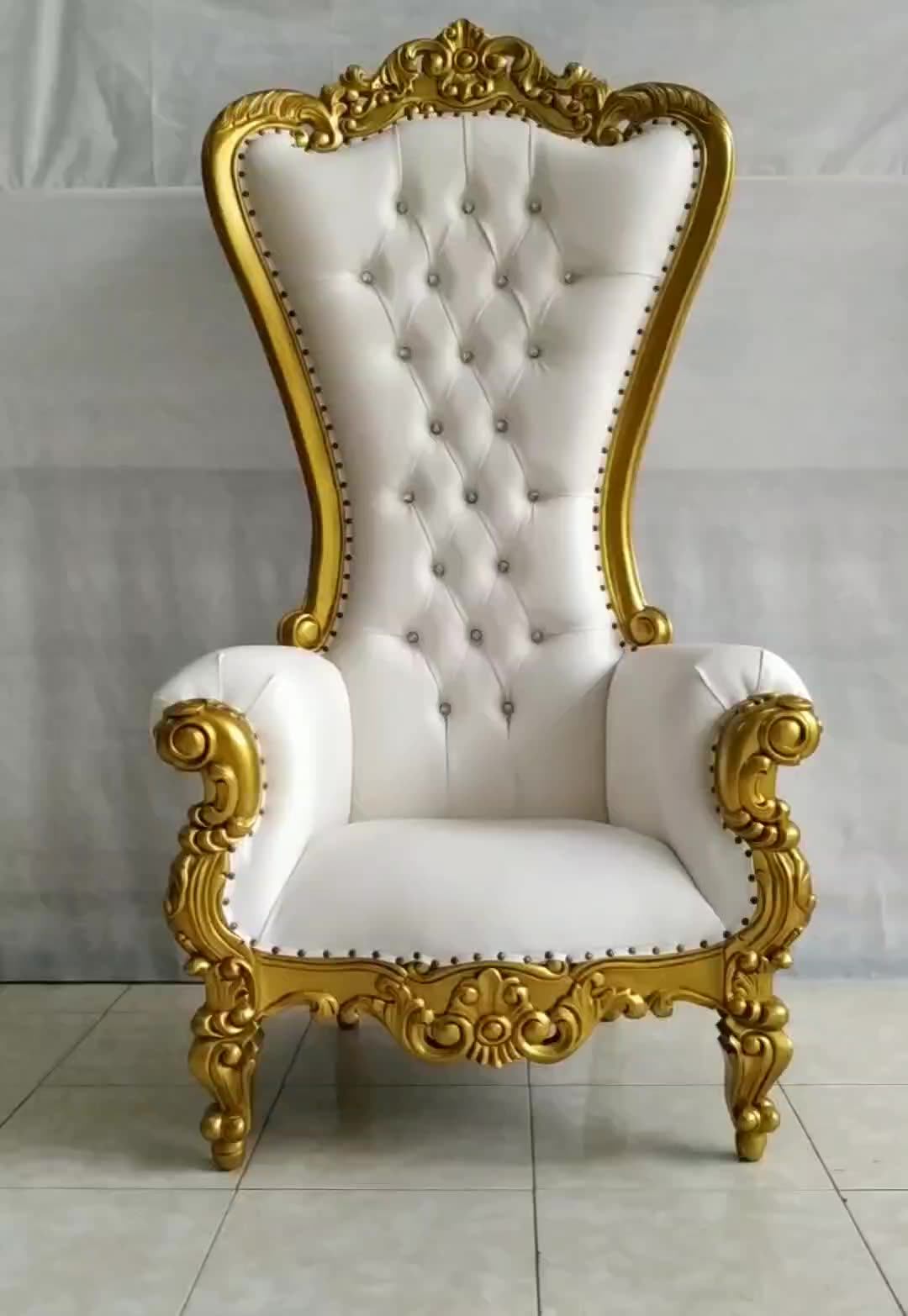 Wooden White King Throne Chairs High Back Luxury White Cream Synthetic