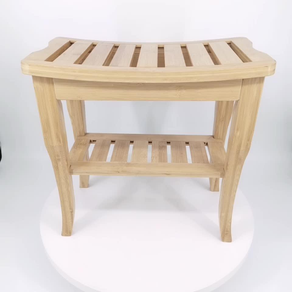 Durable 2 Tier Bamboo Bathroom Shower Storage Shelf Stool Beach Seat