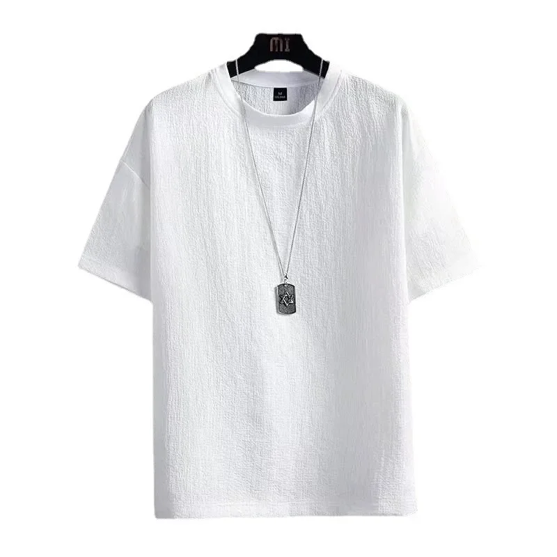 Summer New Men's Japanese Style Short Sleeve T-Shirt Half Sleeve T-Shirt Round Neck T Pure Color Loose Simple White Five-Fingered 