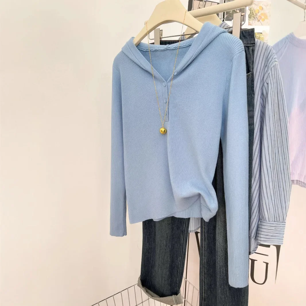 French high-end retro knitted feminine loose and versatile half-open…