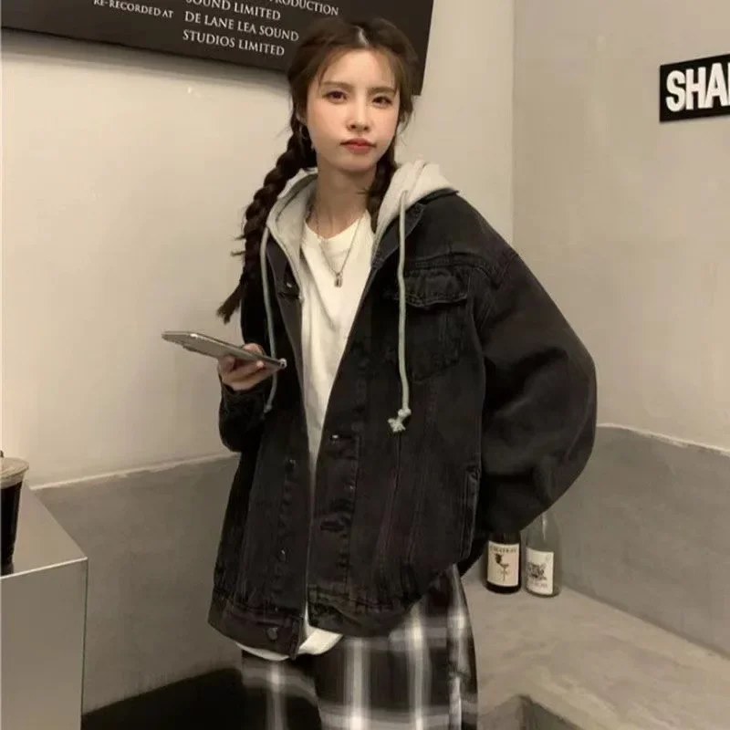 Photographed Spring and Autumn 2025 New Korean Style Loose and Versatile Splicing Light Color Double Layer Hooded Denim Jacket for Women
