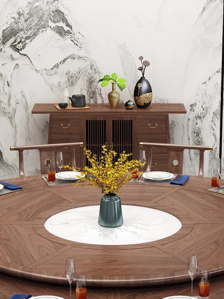 Hotel electric large round table New Chinese solid wood dining table with turntable 15 people 20 people Hotel table and chair combination hot pot table