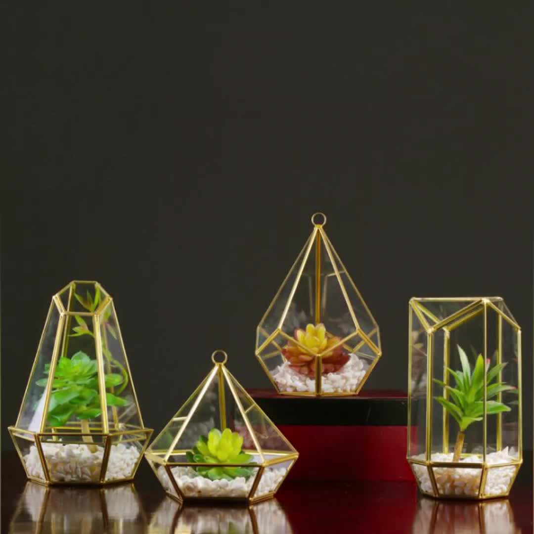 Wholesale Gold Geometric Glass Terrarium En Verre Vase Plant Container