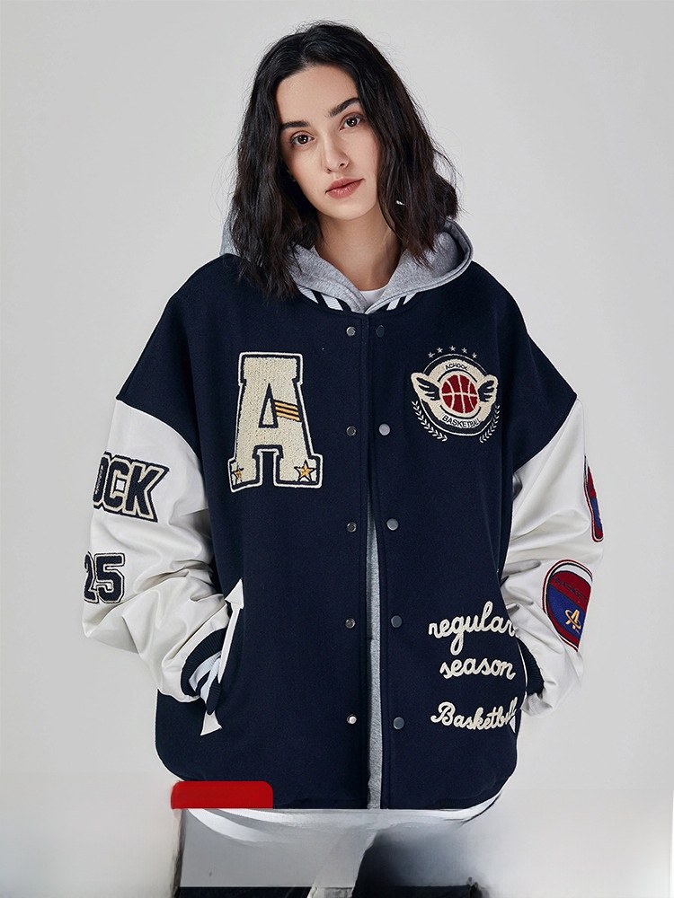 【Achock官方店】潮牌毛巾绣美式字母棒球服男女街头夹棉加厚夹克