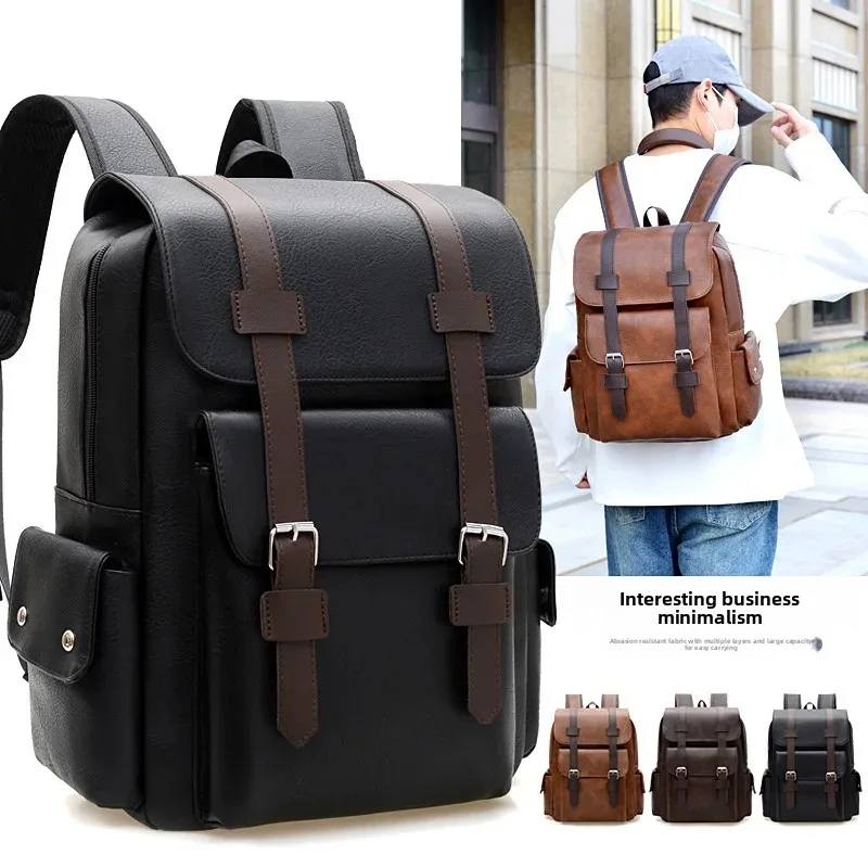 Cross-border Amazon British Retro Soft PU Leather Backpack Casual Large Capacity Travel Belt Buckle Backpack