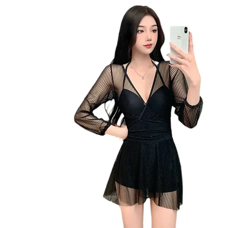 Swimsuits for women summer 2025 new one-piece dress style belly-covering and slimming conservative lace long-sleeved small breast steel support hot spring swimsuit