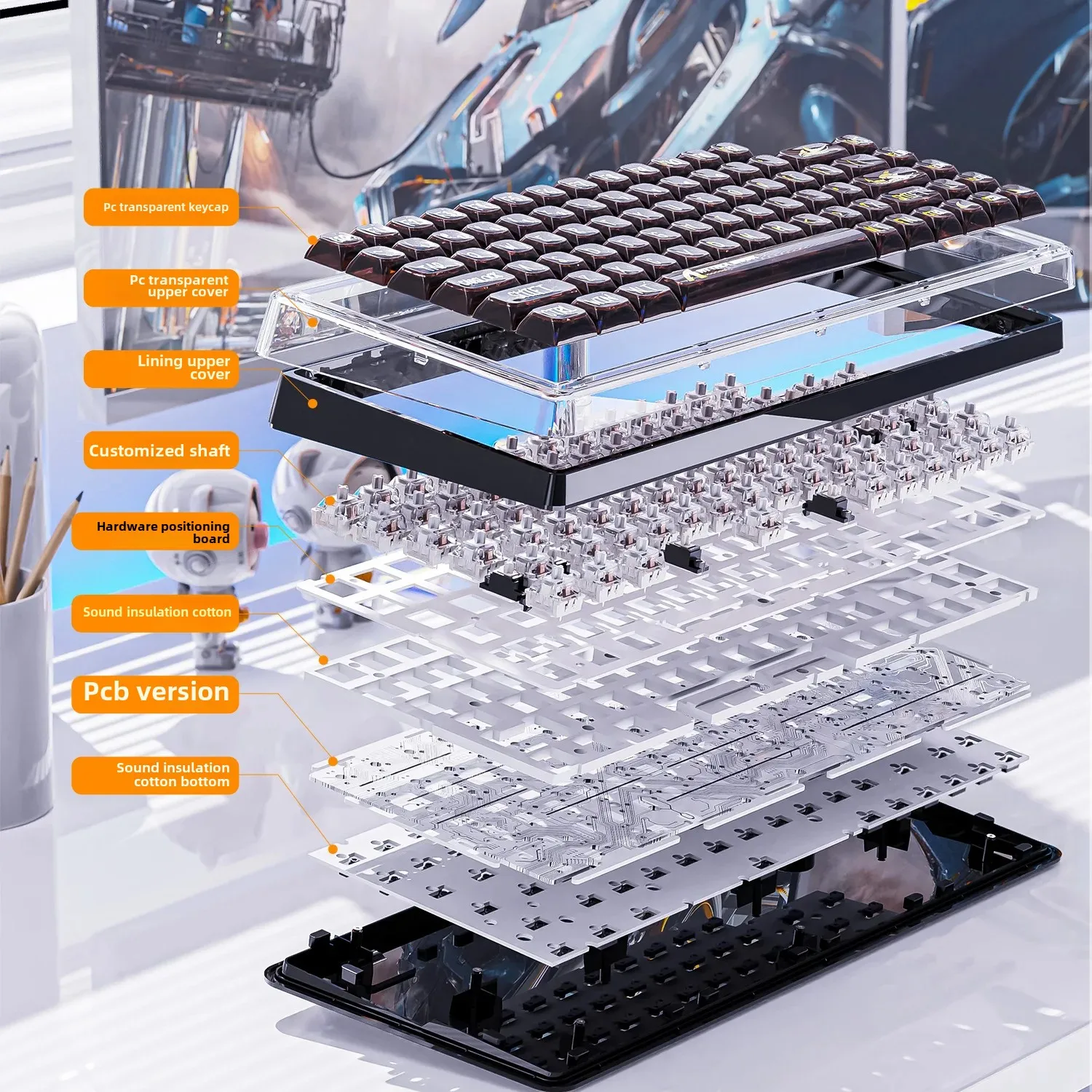 Attack Shark K75 transparent mechanical keyboard customized wired RGB hot plug gaming e-sports keyboard