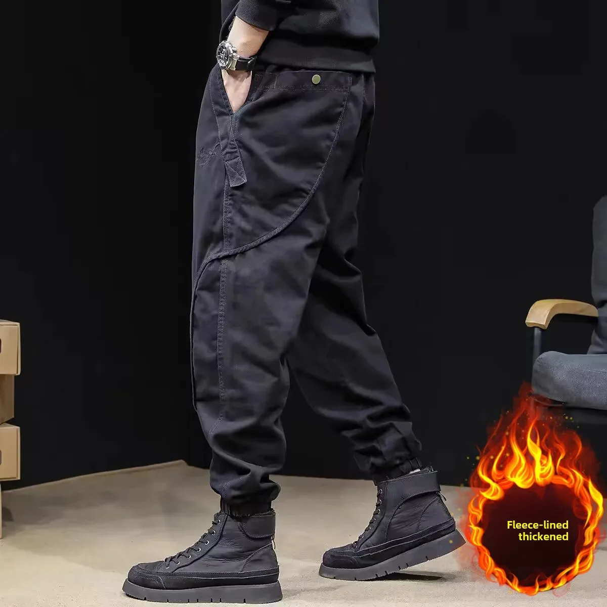 fleece-lined Tooling Pants Men's Fashionable Brand Leg-toe Autumn and Winter 2024 New Loose plus size Men's Casual Pants Men's