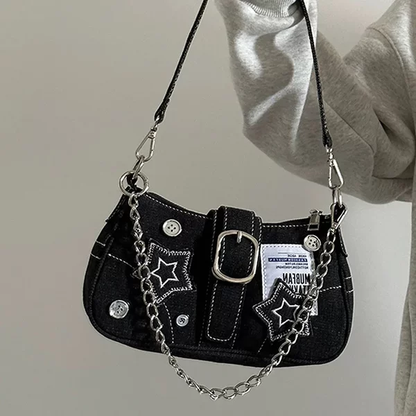 Y2K Millennial Hot Girl Denim Underarm Bag Women's Retro Button Denim Shoulder Bag Hot Girl Star Handbag Chain Bag