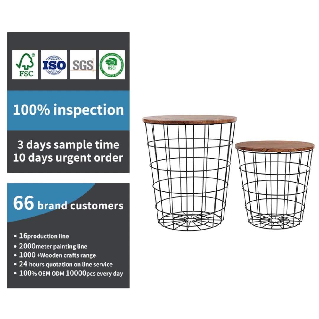 Nesting Side Tables Wire Basket Table With Lid 2pc Set Round End