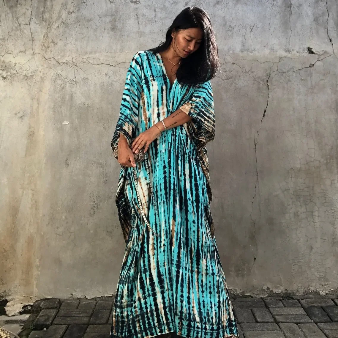 Factory Sales Beach Caftan Loose Tie-Dye Robe Vacation Cover-up Sun Protective Clothing Drop Shipping