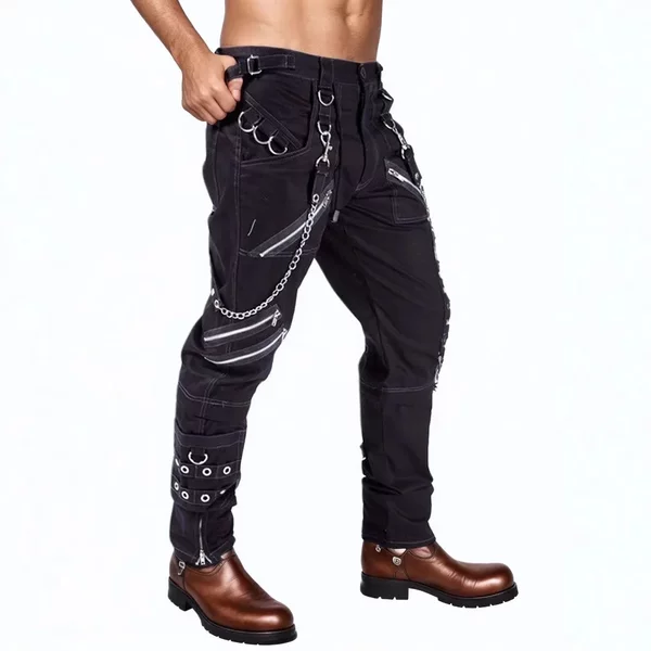 Chain Decoration Personality Casual Pants Men Gothic Pants Punk Rock Eyelet Cargo Pants Bondage Jeans