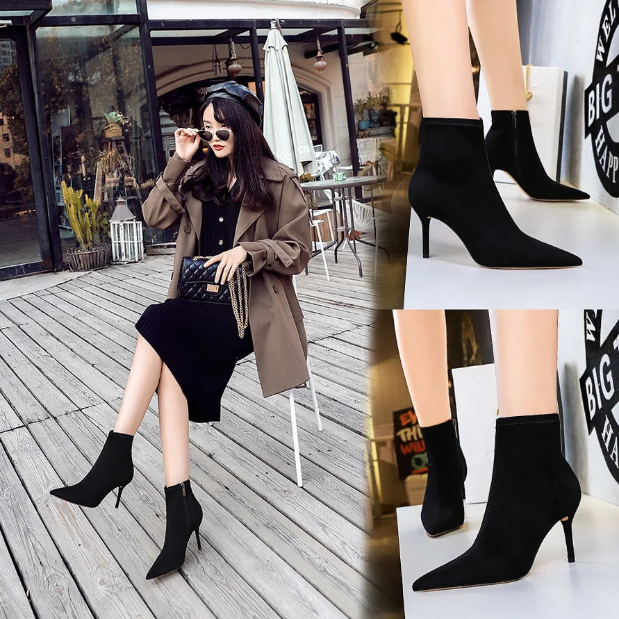8788-7 European and American style fashion simple thin heel high heel suede pointed sexy nightclub slim short boots women and naked boots